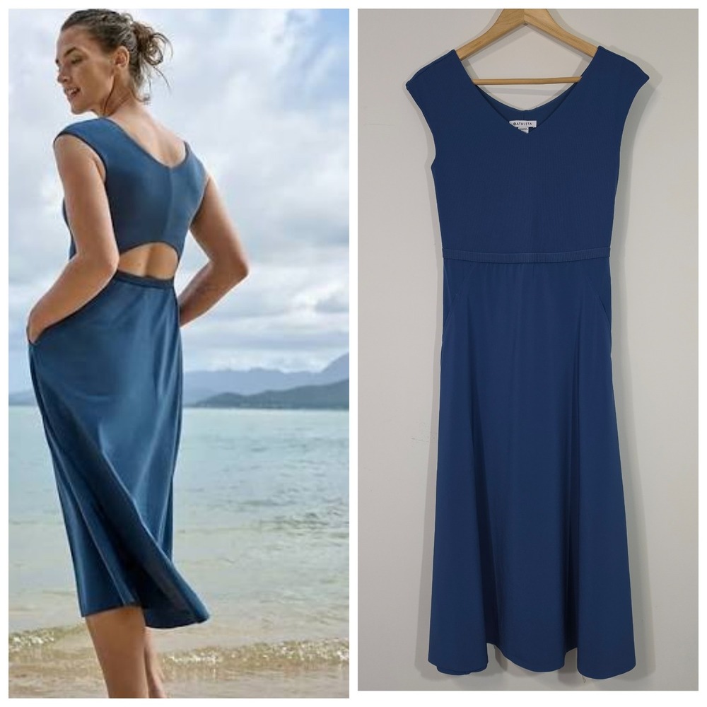 Sleeveless Blue V-Neck Midi Dress with Back Cutout
